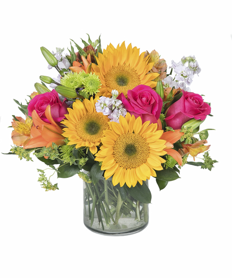 Bright flower arrangement in cylinder vase in Boston, MA
