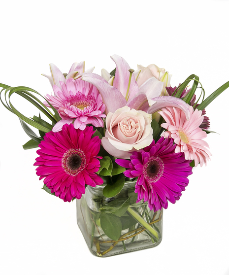 Perfect for a girly girl who loves pink or a new baby girl! A clear glass cube comprised of gerbera, roses and stargazer lilies