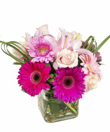 Perfect for a girly girl who loves pink or a new baby girl! A clear glass cube comprised of gerbera, roses and stargazer lilies