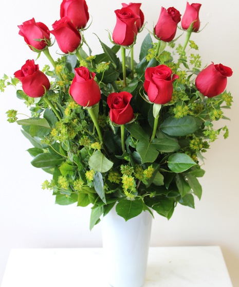 Long Stem Red Roses in White Vase in Boston, MA