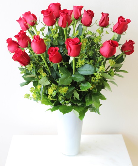 Long Stem Red Roses in White Vase in Boston, MA